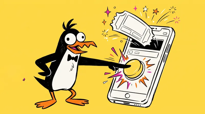 A penguin taps a big phone and a ticket pops out
