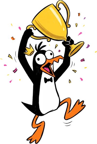A penguin holding up a golden trophy